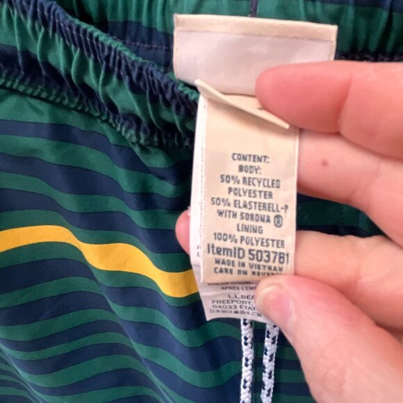 L.L. Bean Striped Swim Trunks S Green Yellow Recycled Polyester Elastic Waist - Picture 2 of 7